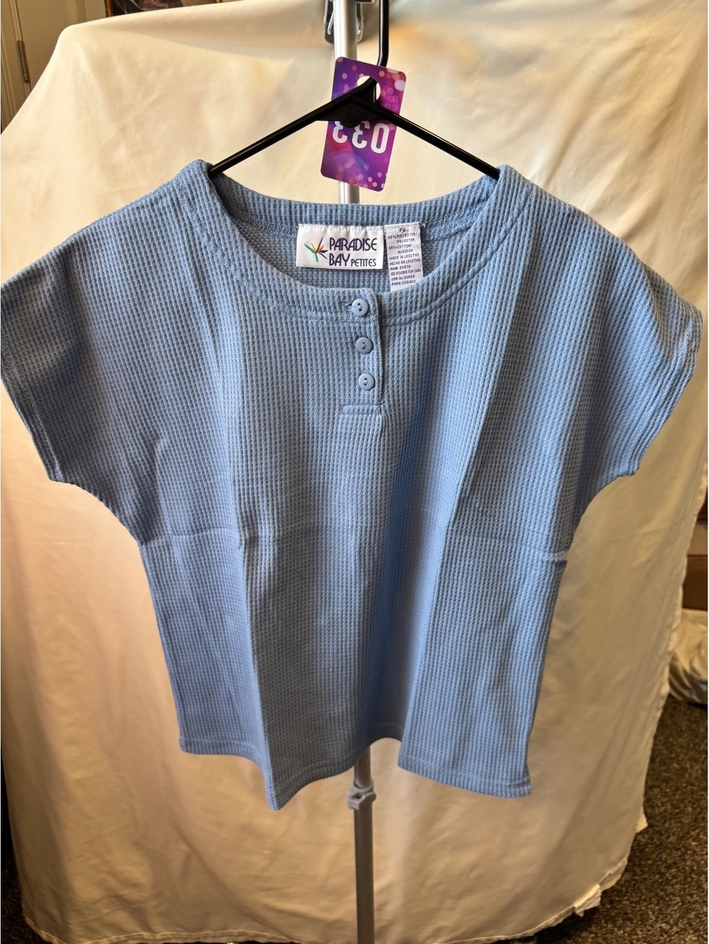 033 Cozy Light Blue Waffle Knit Top with Button Detail - Petite Small
